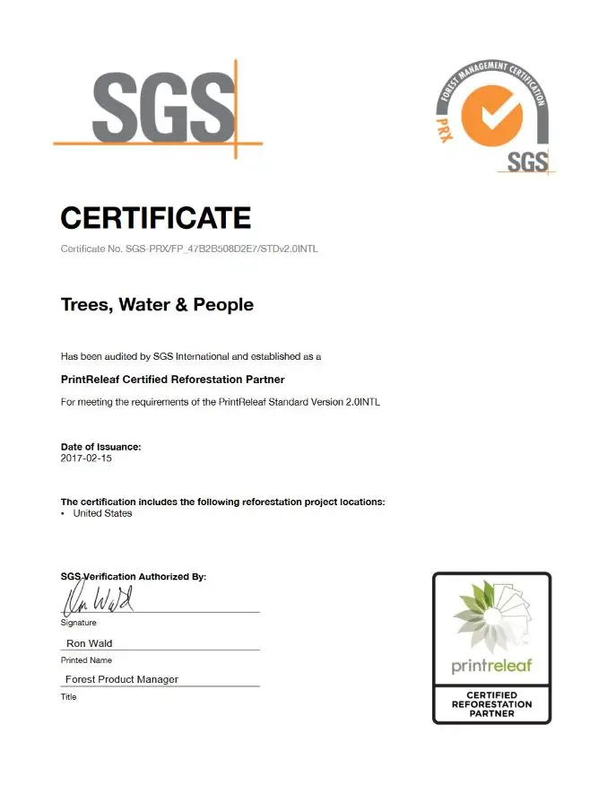 SGS Certificate, PrintReleaf, Premier Technology Group