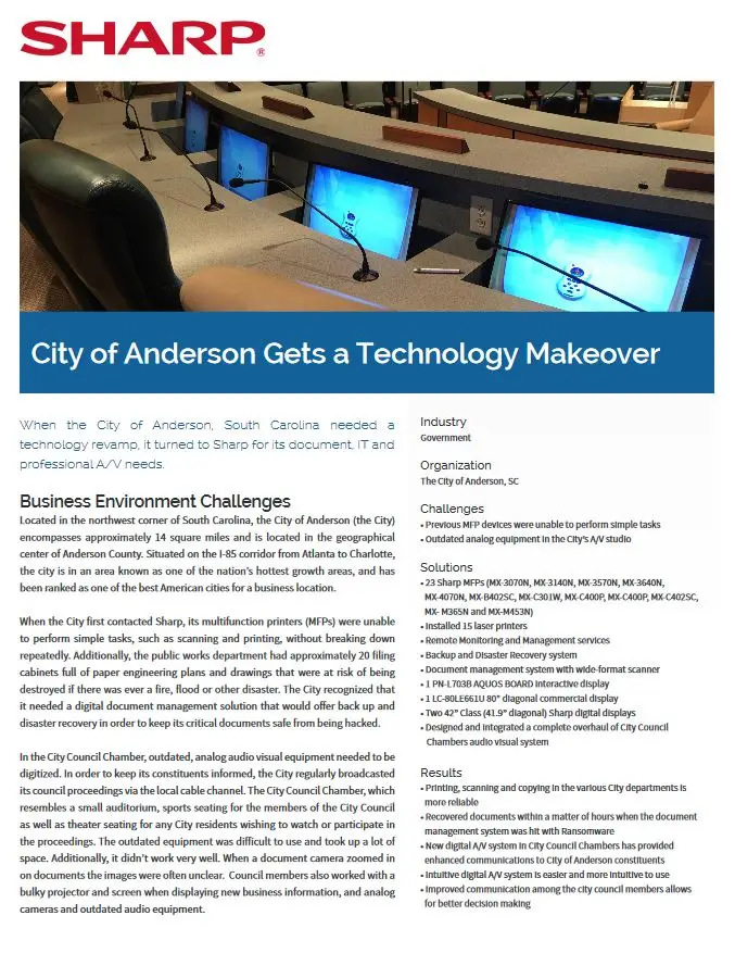 Sharp, City Of Anderson, Case Study, Premier Technology Group