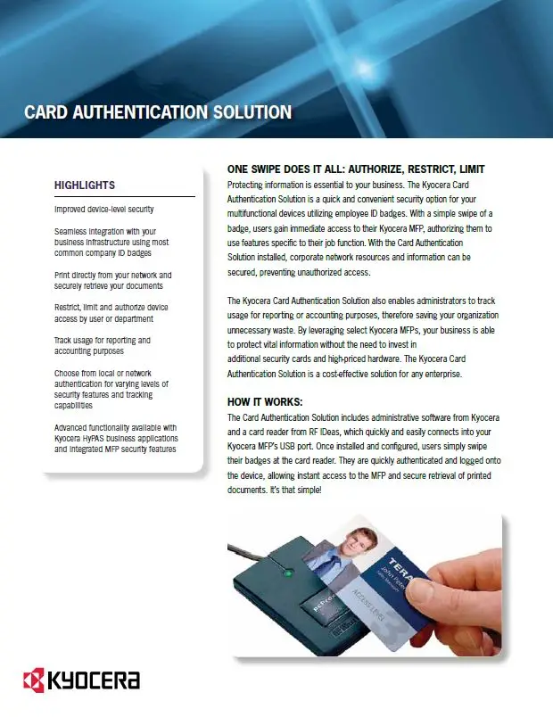Kyocera, Software, Cost Control, Security Card Authentication, Premier Technology Group