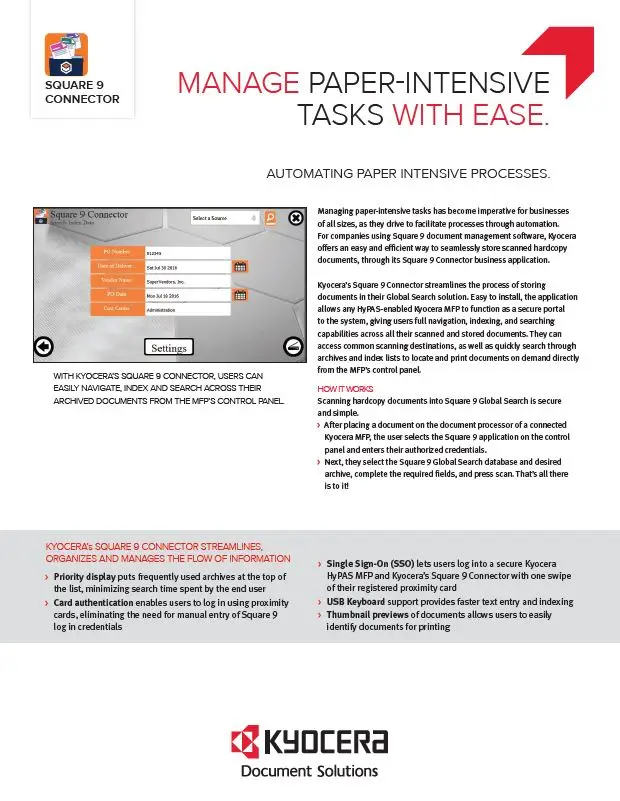 Kyocera Software Document Management, Square 9, Connector, kyocera, Premier Technology Group