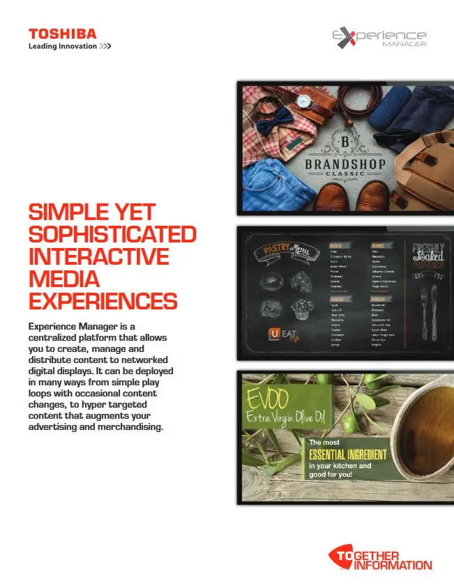 Experience Manager, Brochure, Digital Signage, Toshiba, Premier Technology Group