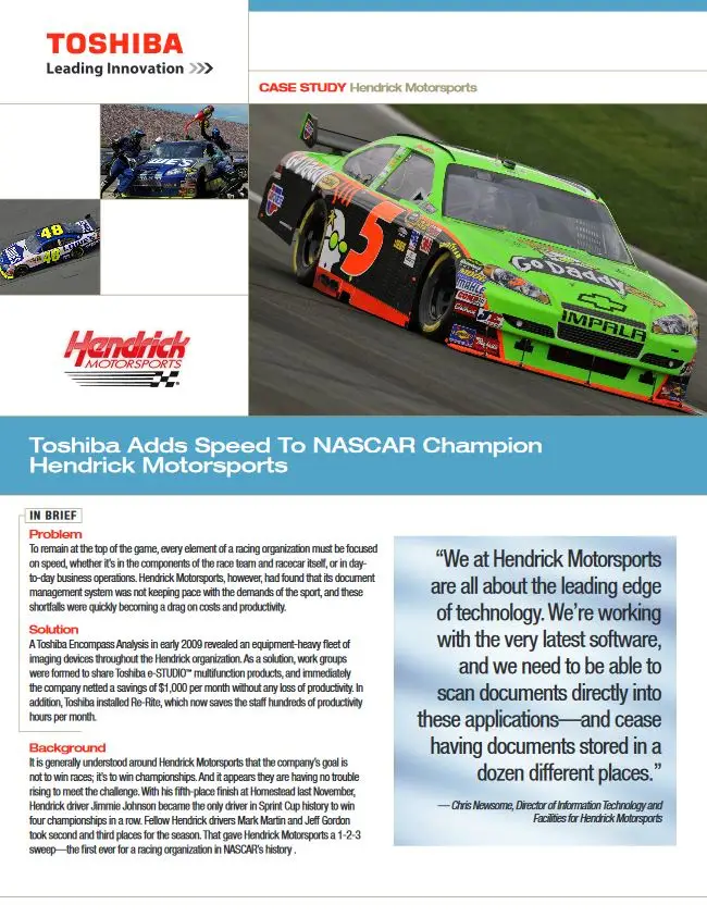 Hendrick Motorsports, Case Study, MPS, MDS, Toshiba, Premier Technology Group