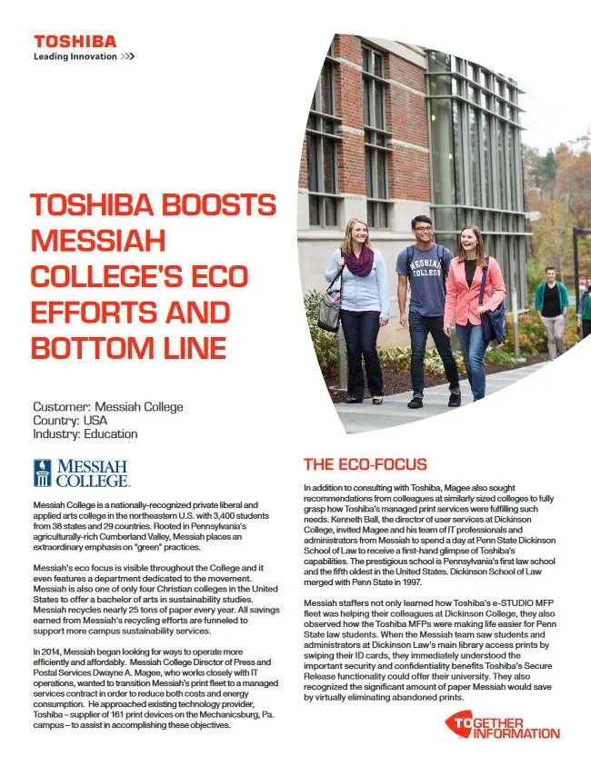 Messiah College, Eco Efforts, Industry Solutions, Vertical Markets, Toshiba, Premier Technology Group
